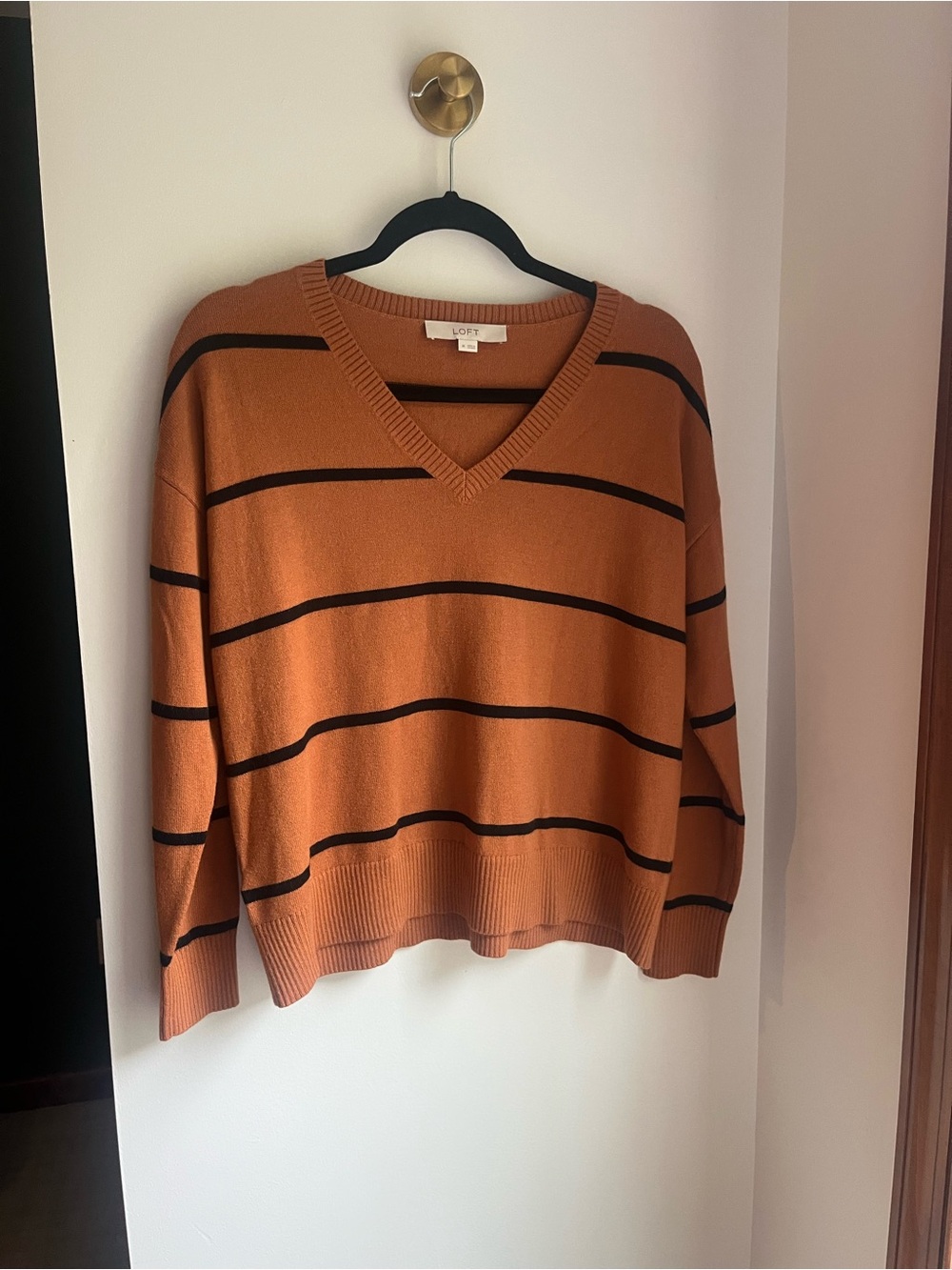 LOFT Rust-Orange V-Neck Sweater with Black Stripes | Fall Preppy